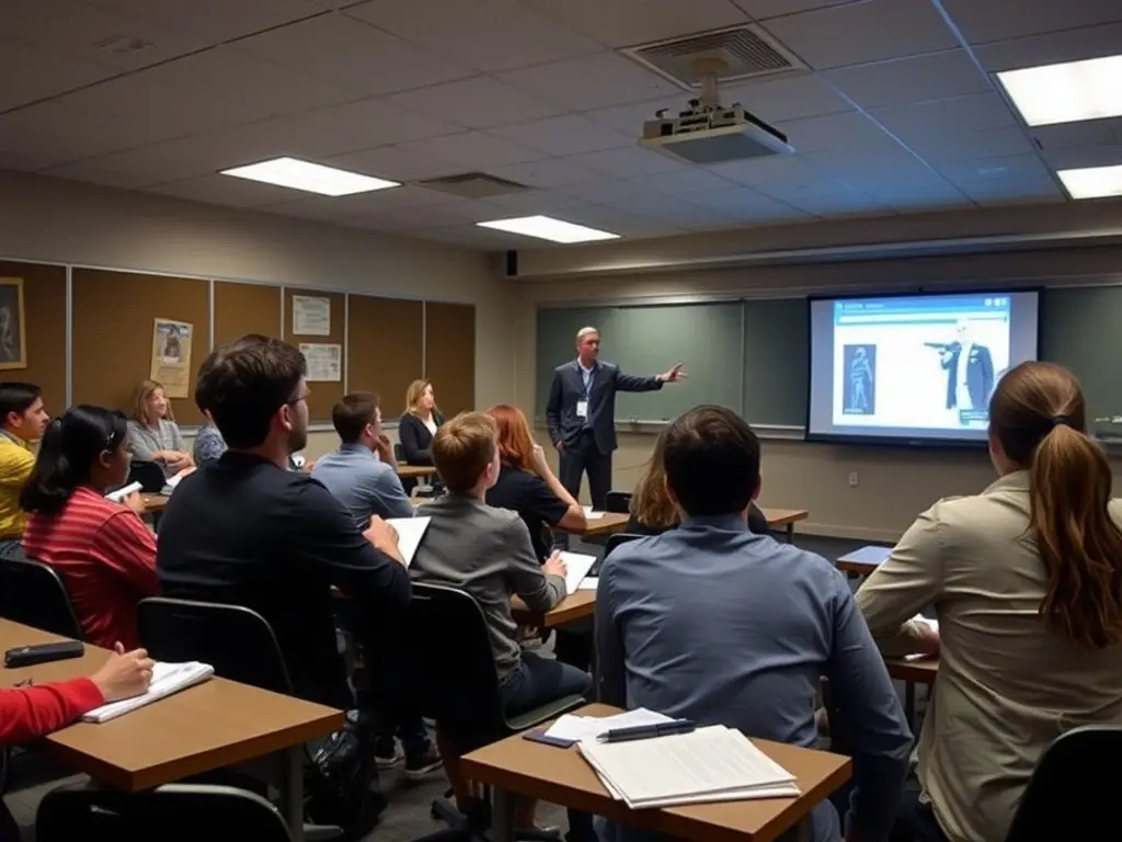 A group of students in a classroom setting, learning about firearm laws and regulations, representing CCW training in Utah.