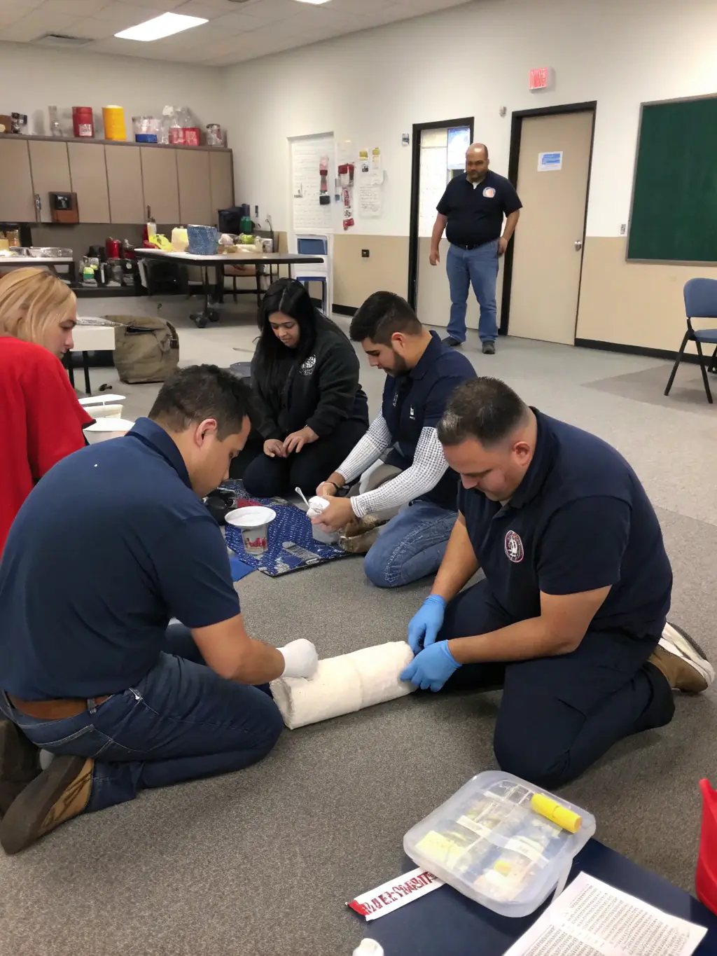 A photo illustrating a team of employees practicing first aid and emergency medical response during a training exercise.