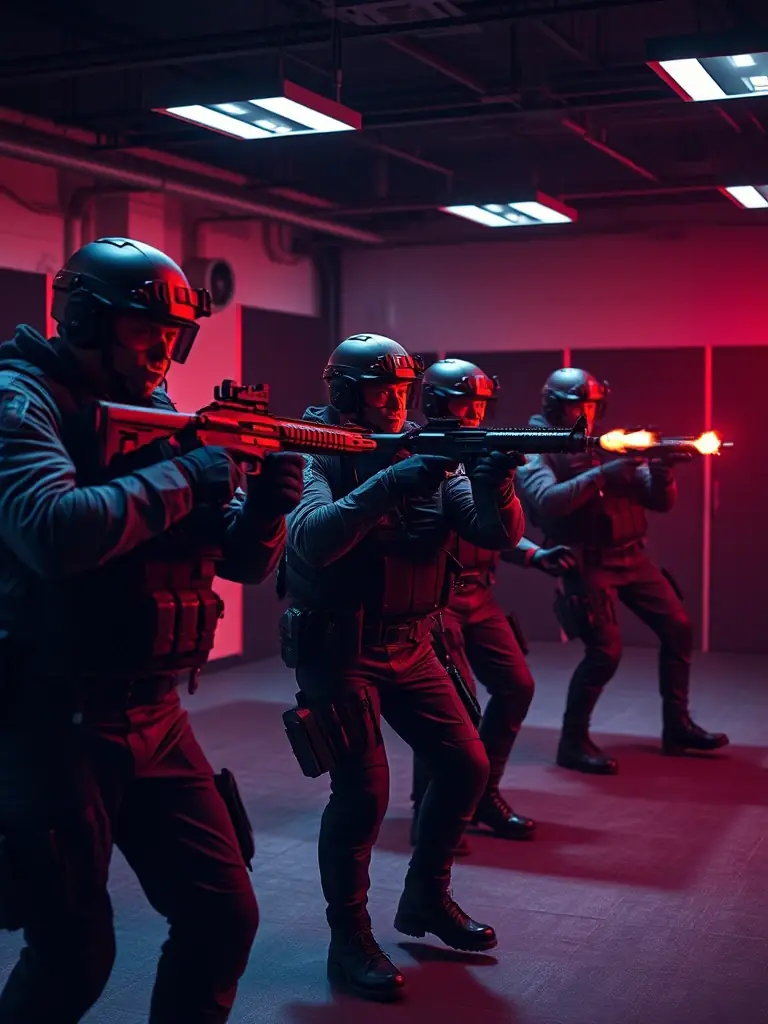 A high-resolution image depicting law enforcement officers participating in a realistic scenario-based training exercise, complete with simulated gunfire and visual immersion technology.