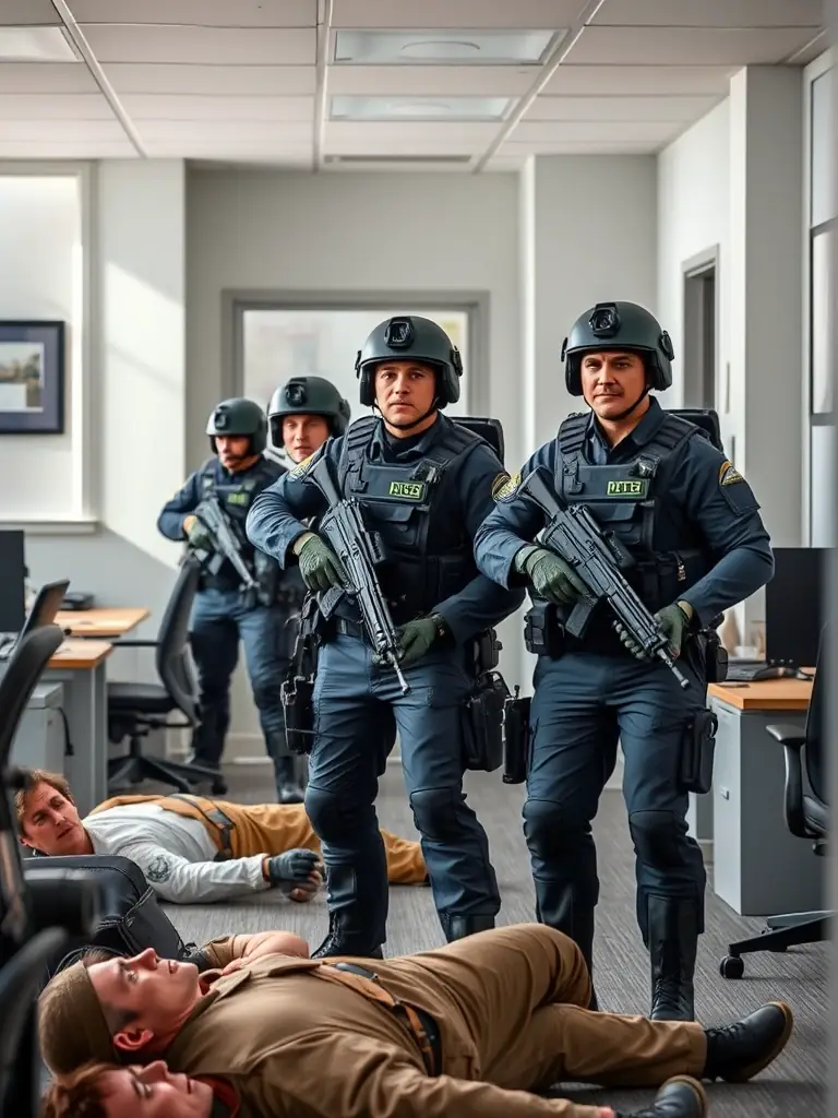 A photograph depicting law enforcement officers participating in a simulated active shooter scenario inside a realistic mock office building, complete with office furniture and simulated casualties.
