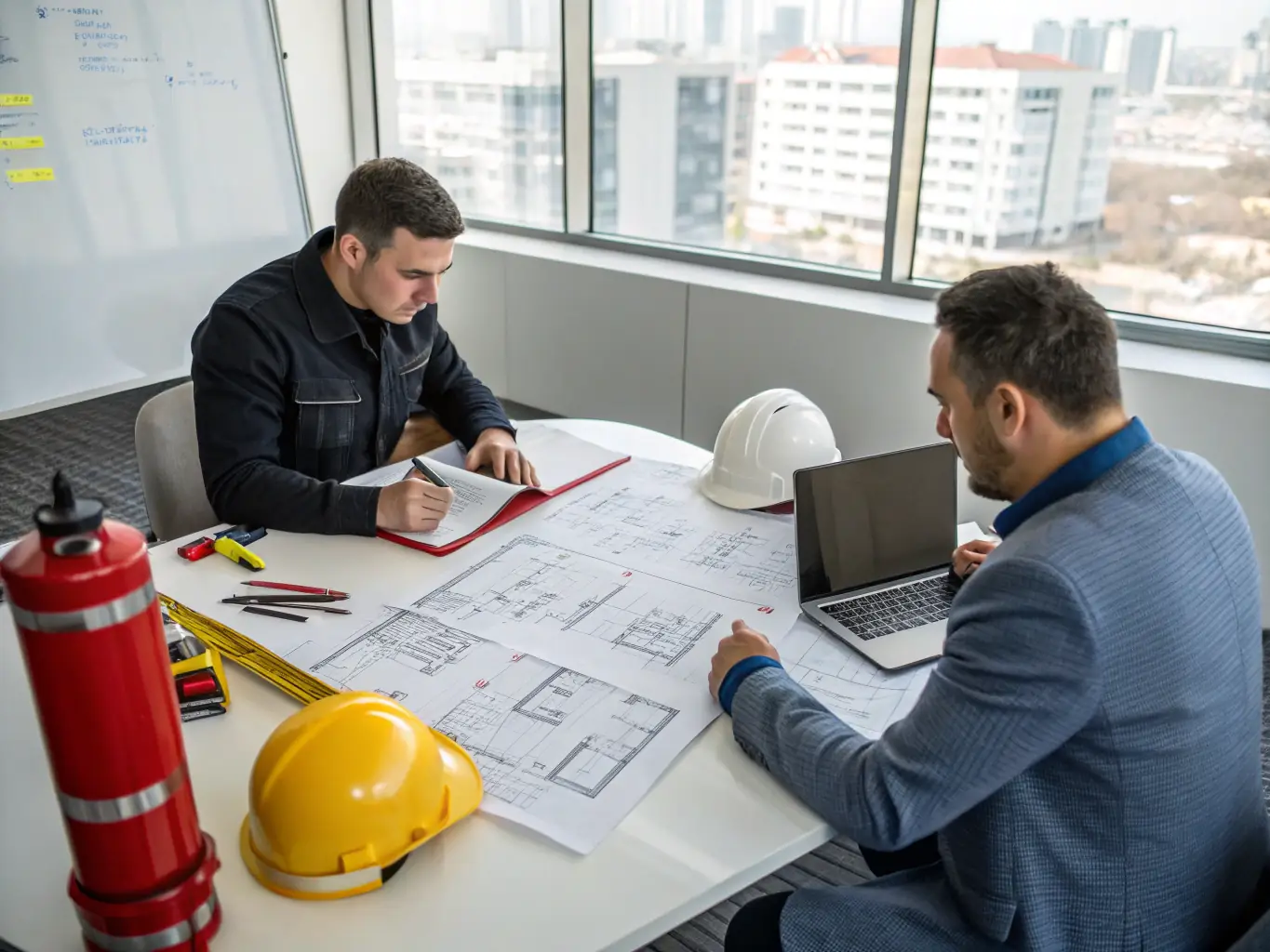 A safety consultant reviewing a workplace safety plan with a business owner, highlighting emergency exits, evacuation routes, and communication protocols.