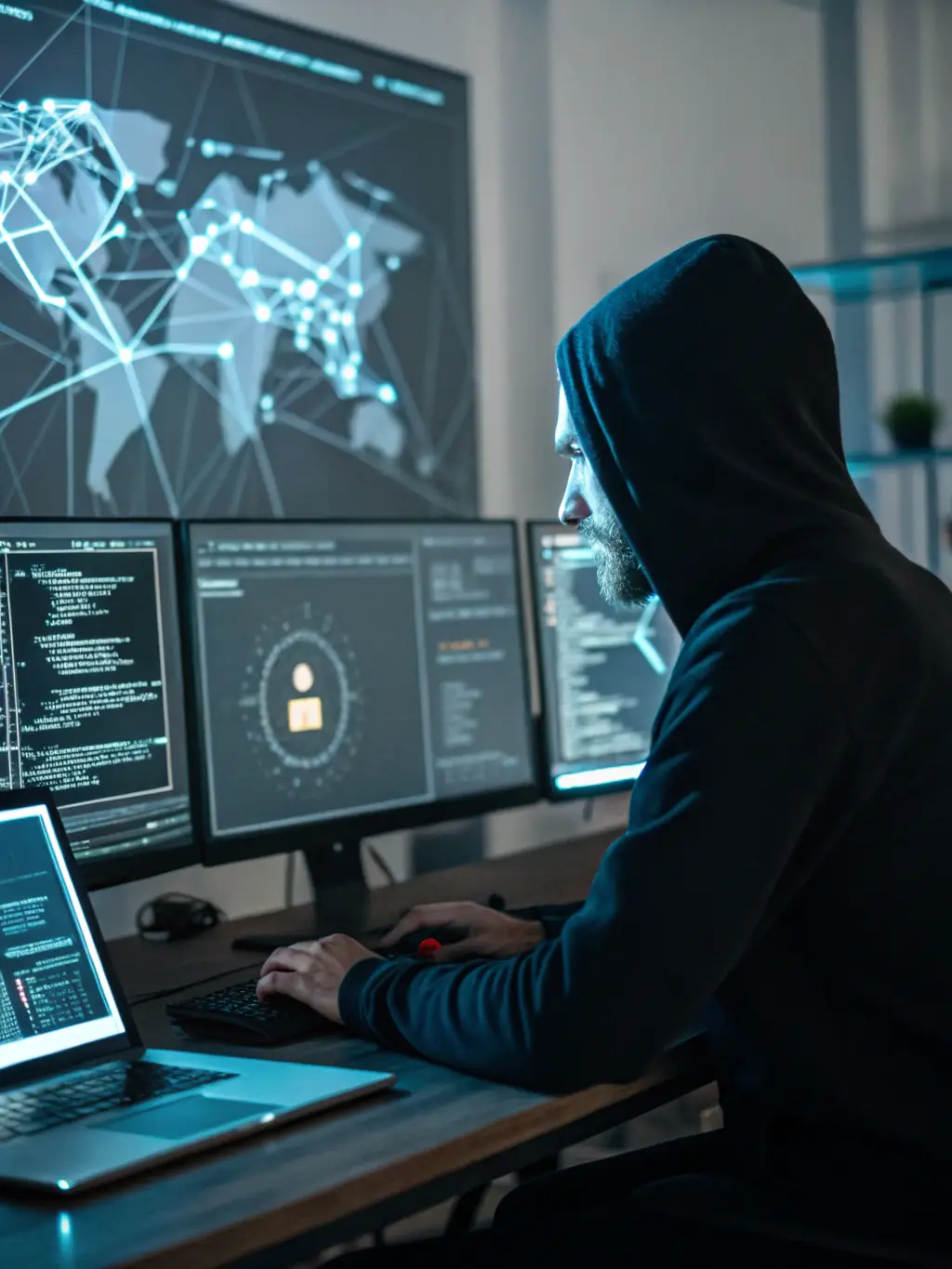 A security expert analyzing blueprints of a commercial building, highlighting potential vulnerabilities in the building's layout and access points.