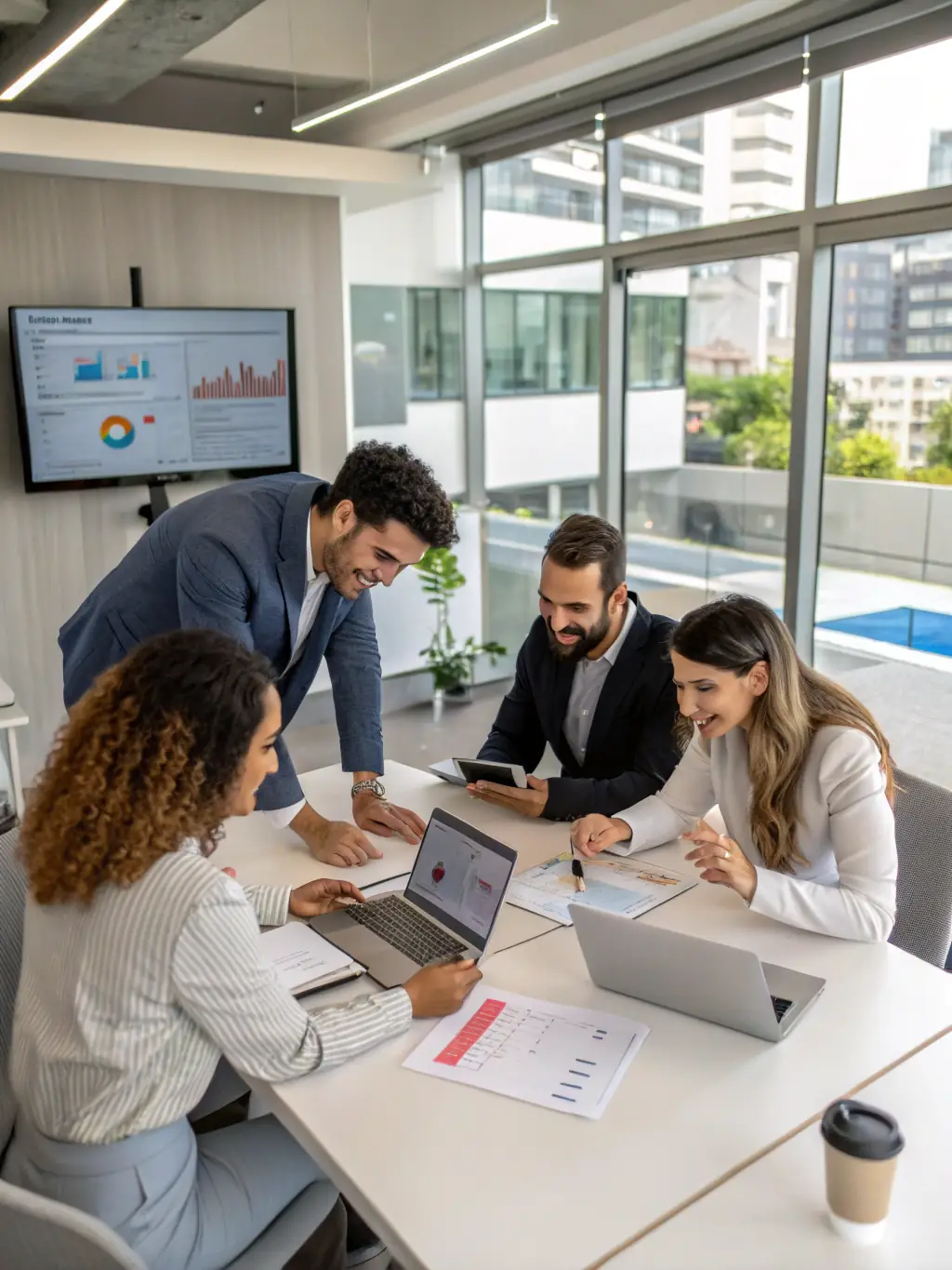 A detailed image of instructors conducting an after-action review with law enforcement officers, using video analysis and performance metrics.