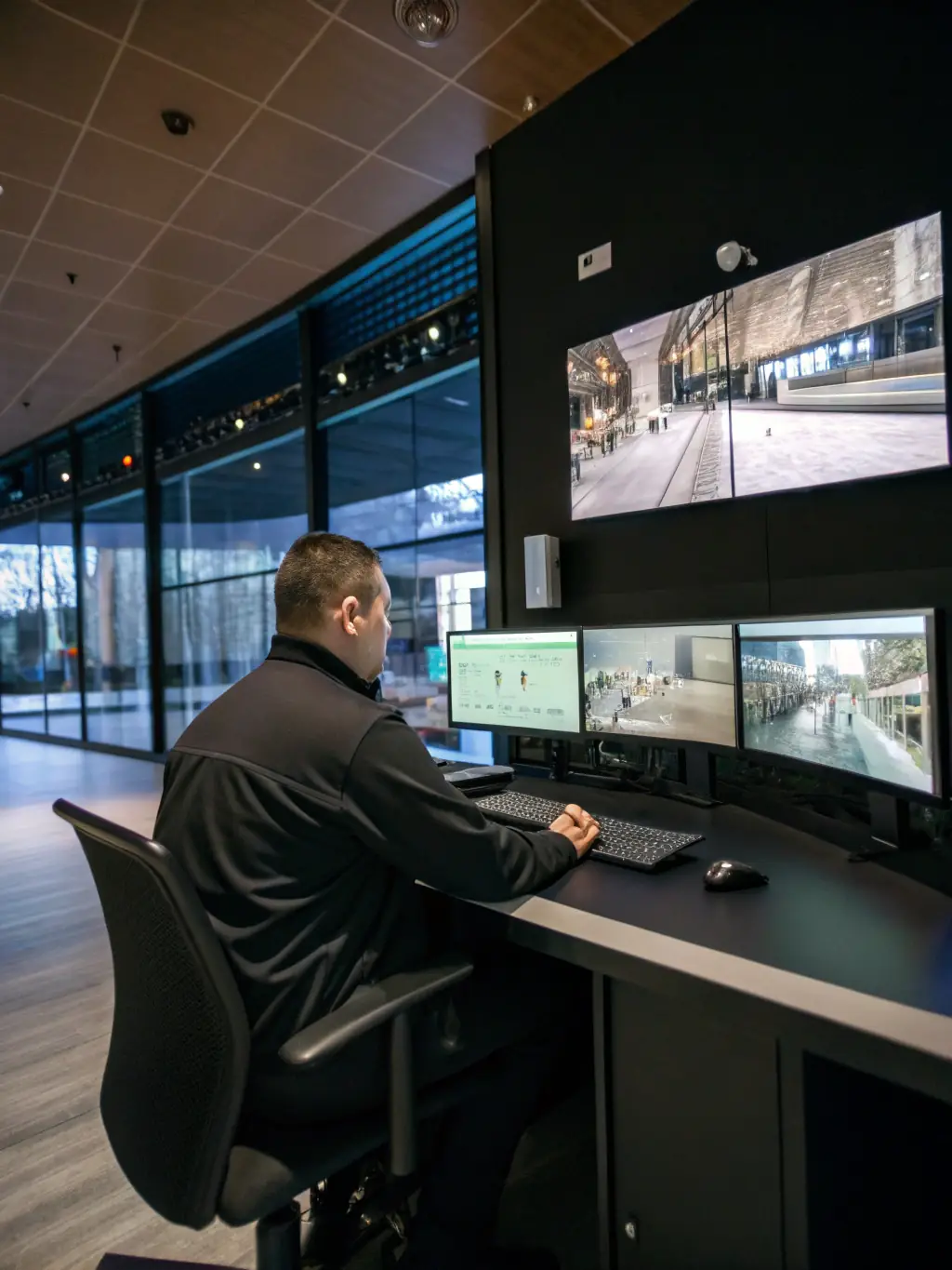 A security team reviewing surveillance footage in a control room, analyzing potential threats and suspicious activities.