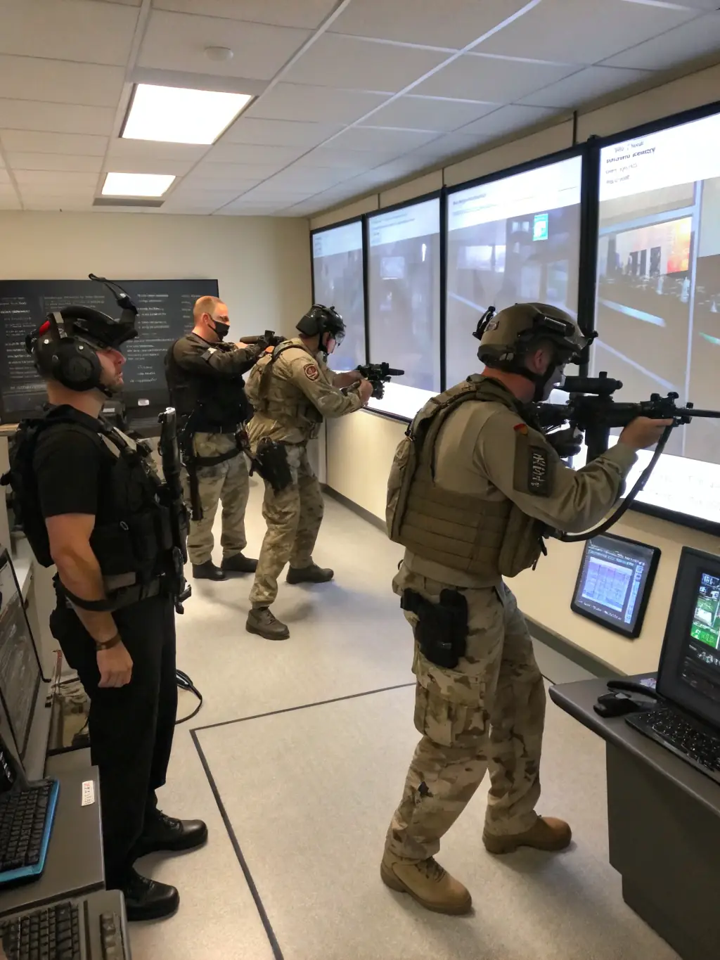 A photograph of a training facility equipped with advanced visual and auditory simulation technology, creating a highly realistic training environment.