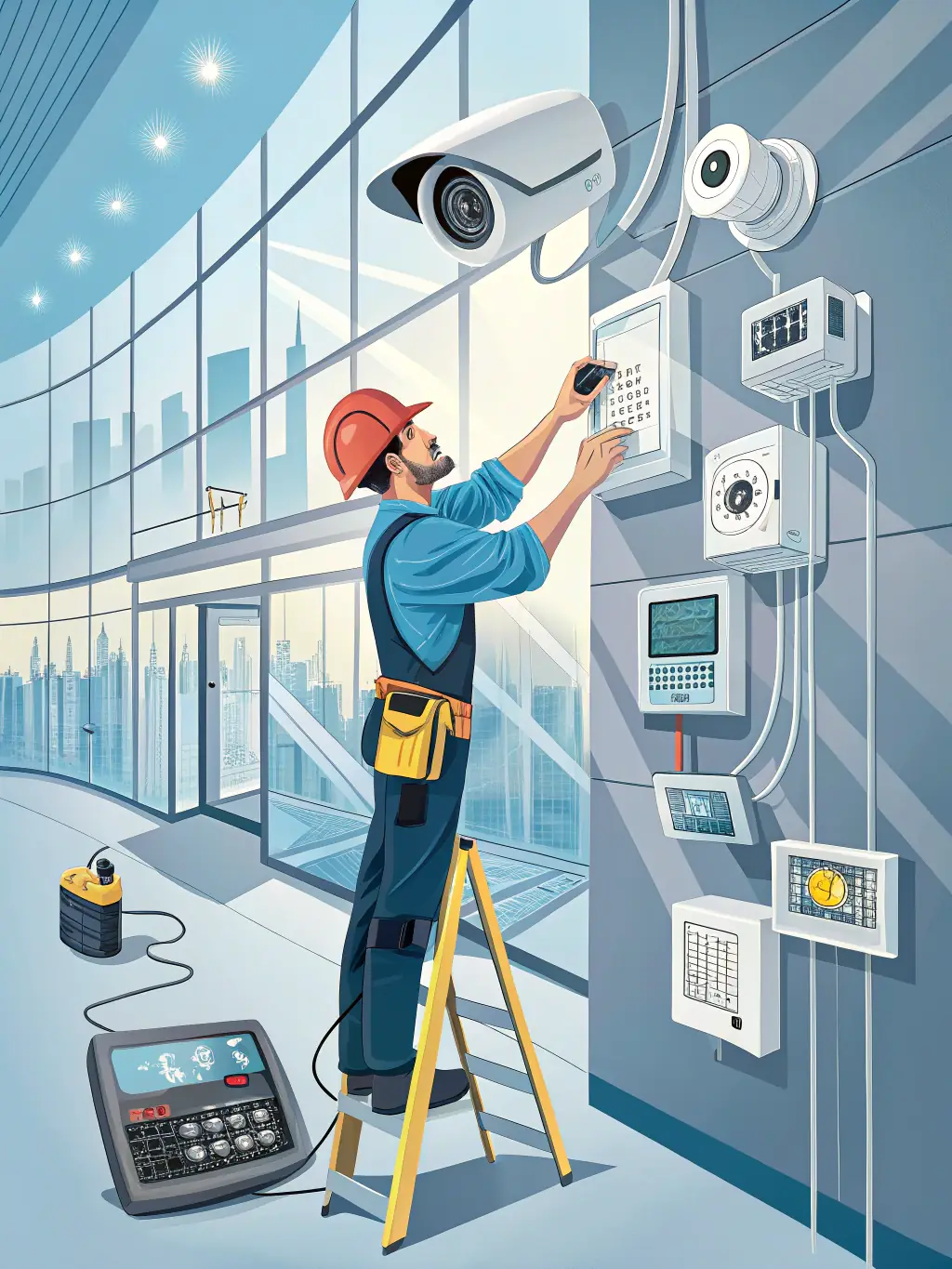 A digital rendering of a security system design, showcasing access control points, surveillance cameras, and alarm systems.