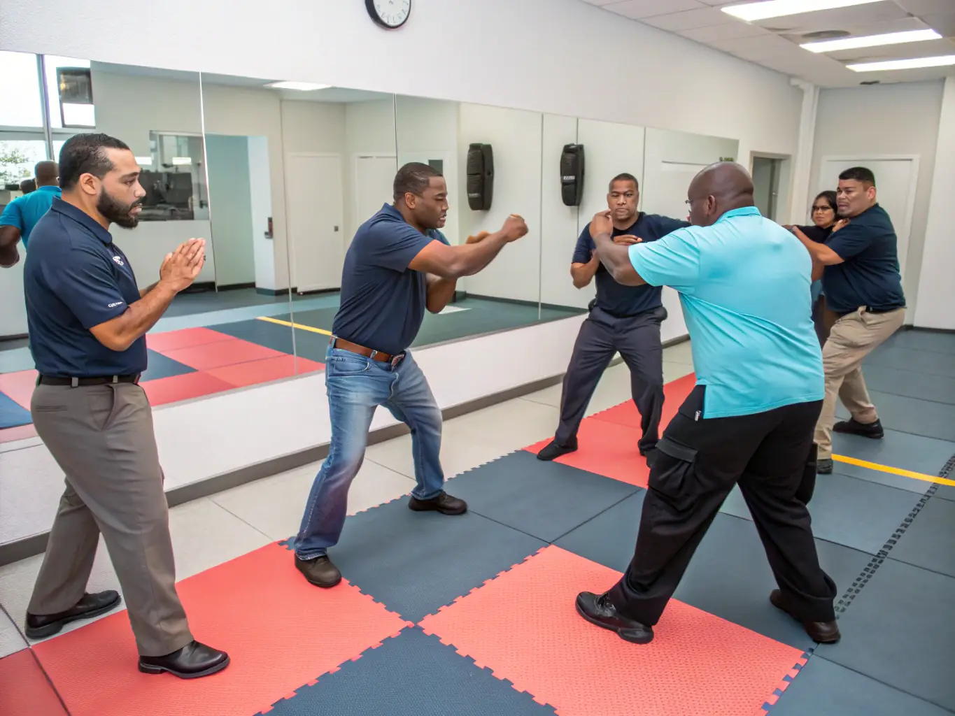 A diverse group of employees participating in an active shooter response training session in an office environment, guided by a uniformed police officer and a safety expert.