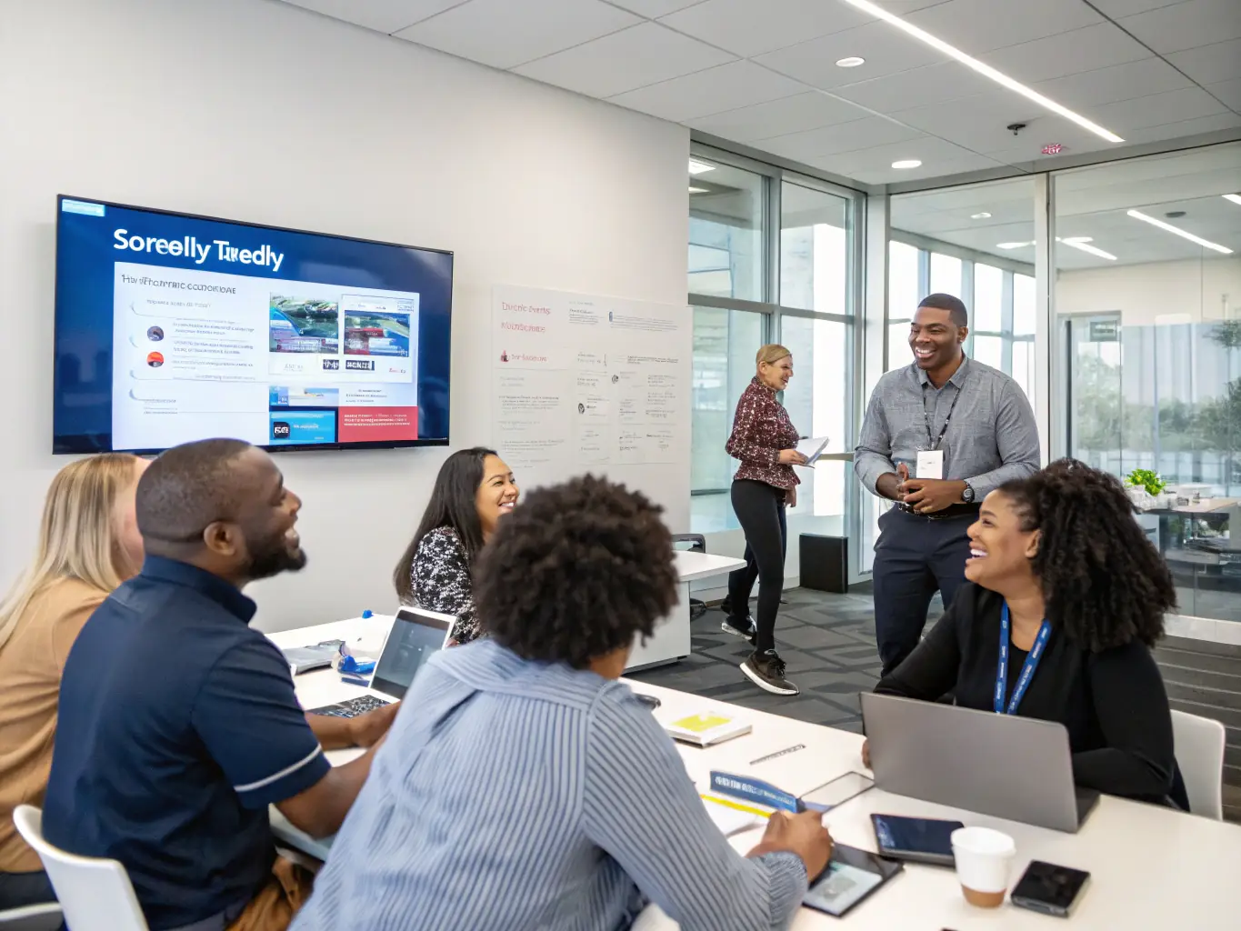 A diverse group of employees participating in an active shooter response training session in an office environment. The image should emphasize preparedness and teamwork.