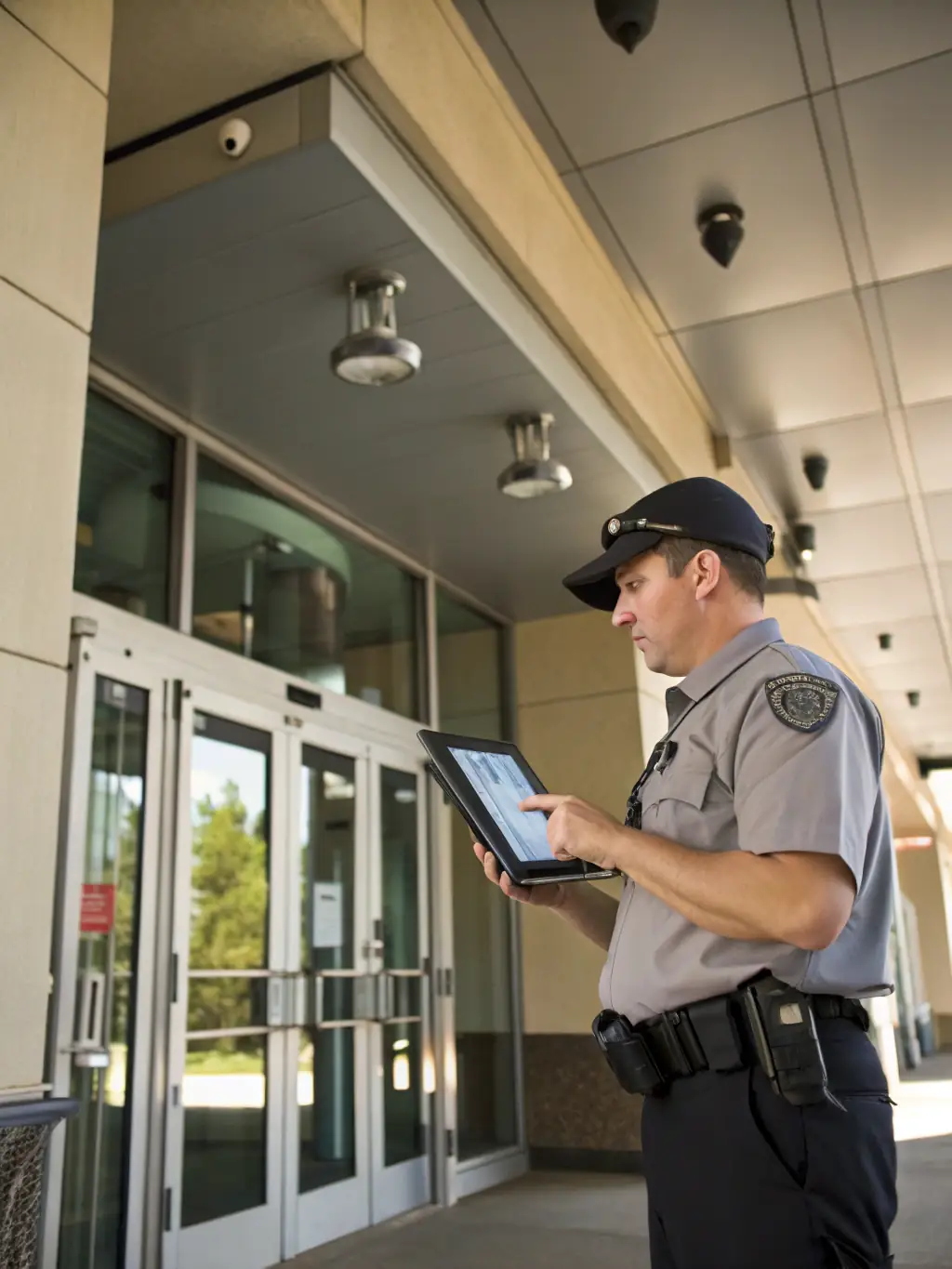 A security expert using a tablet to conduct a facility vulnerability assessment, checking access points and security systems.