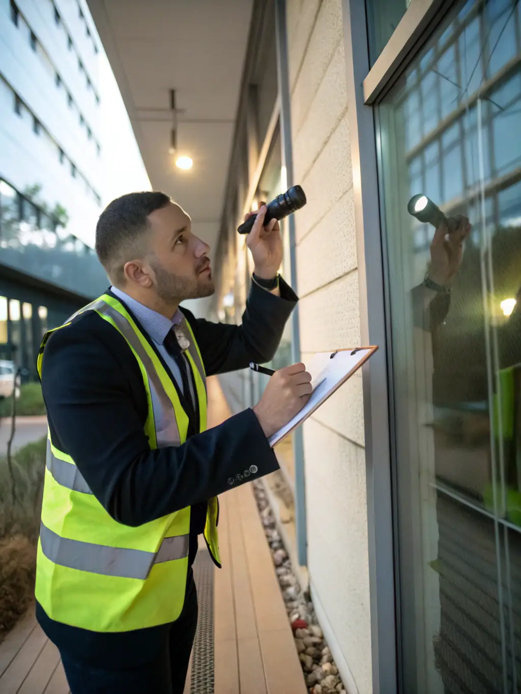 A detailed image of a security expert conducting a Risk Assessment at a commercial facility, identifying vulnerabilities and developing security plans.
