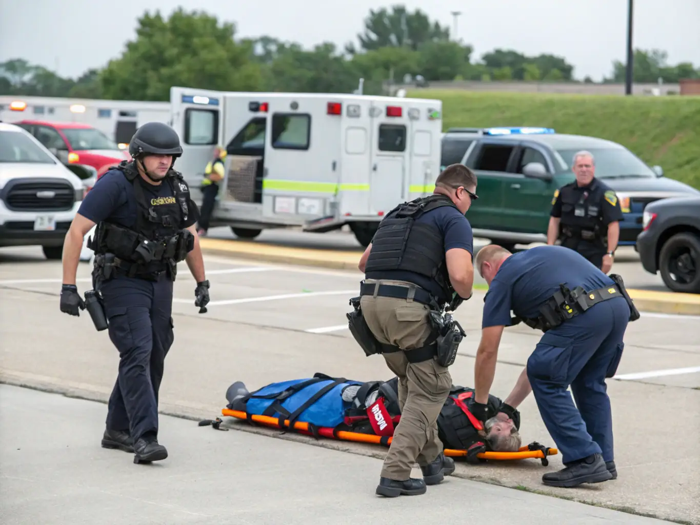 A group of law enforcement officers participating in a scenario-based tactical training exercise, focusing on teamwork and communication in a high-pressure environment. The image should convey realism and intensity.