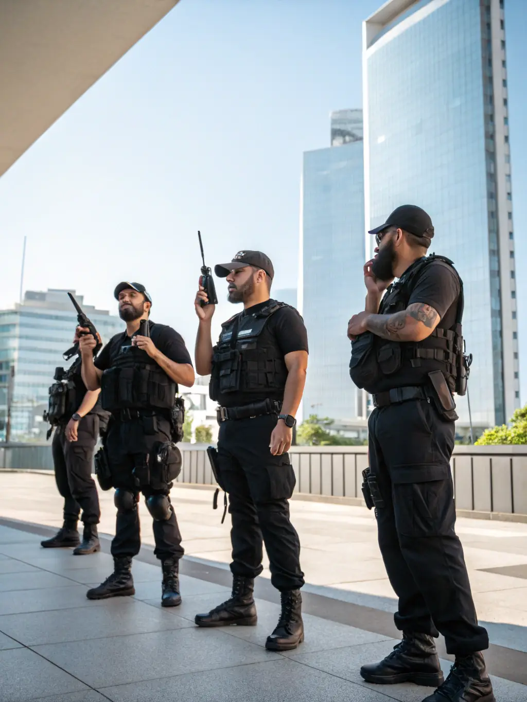 A photograph showing security personnel conducting a simulated perimeter breach exercise at a commercial facility, testing response times and security protocols.