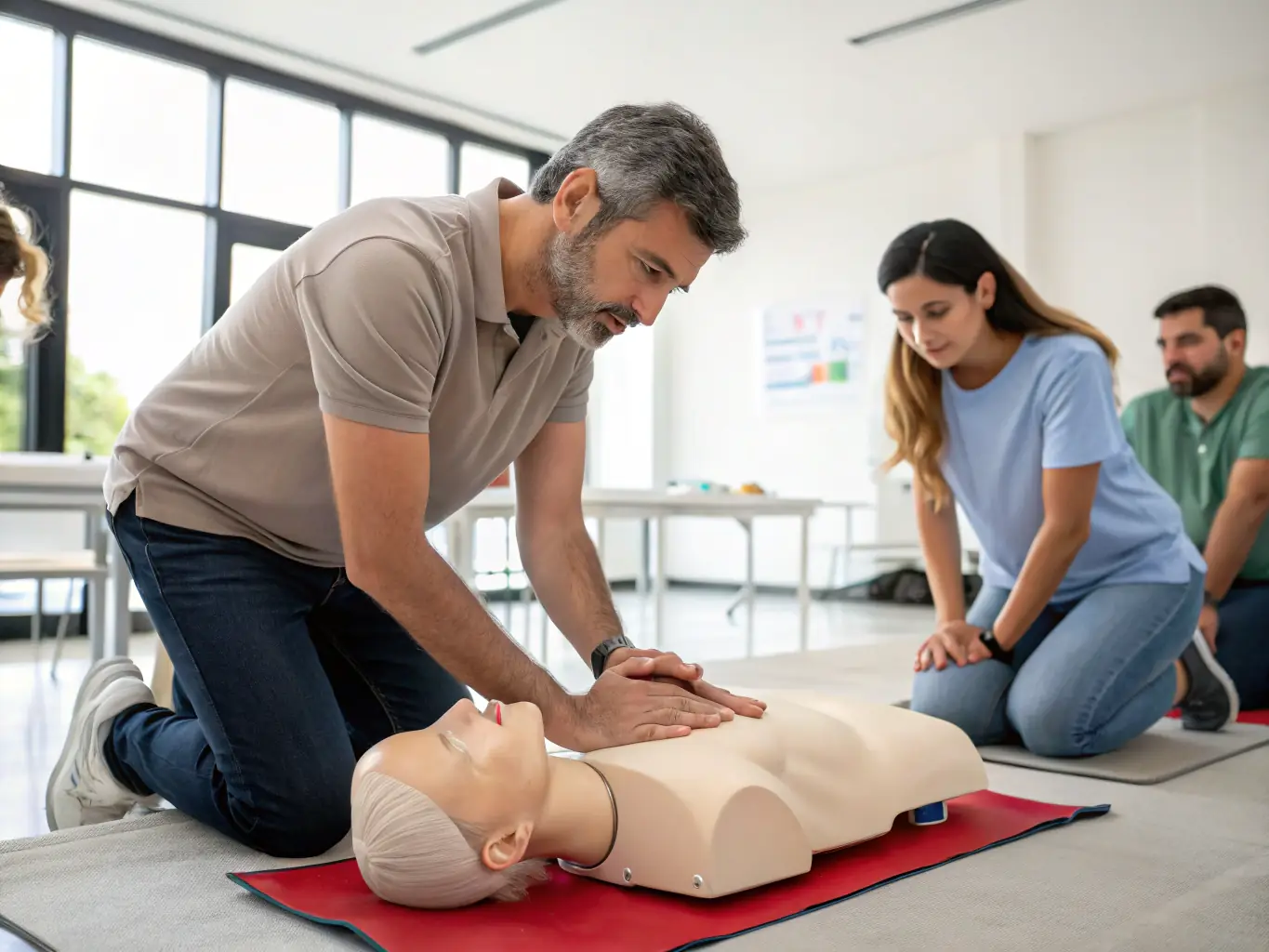 A certified instructor demonstrating CPR techniques on a training mannequin, with a small group of employees observing and participating in the session.