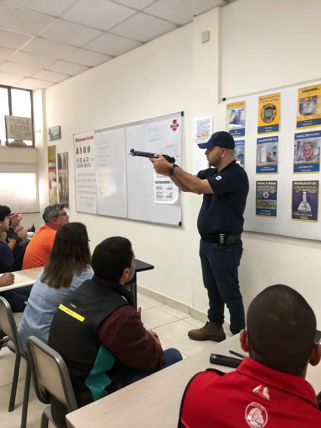 A focused image of a civilian participant in a Basic Pistol course at Apex Training Group, demonstrating proper grip and stance under the guidance of an instructor.