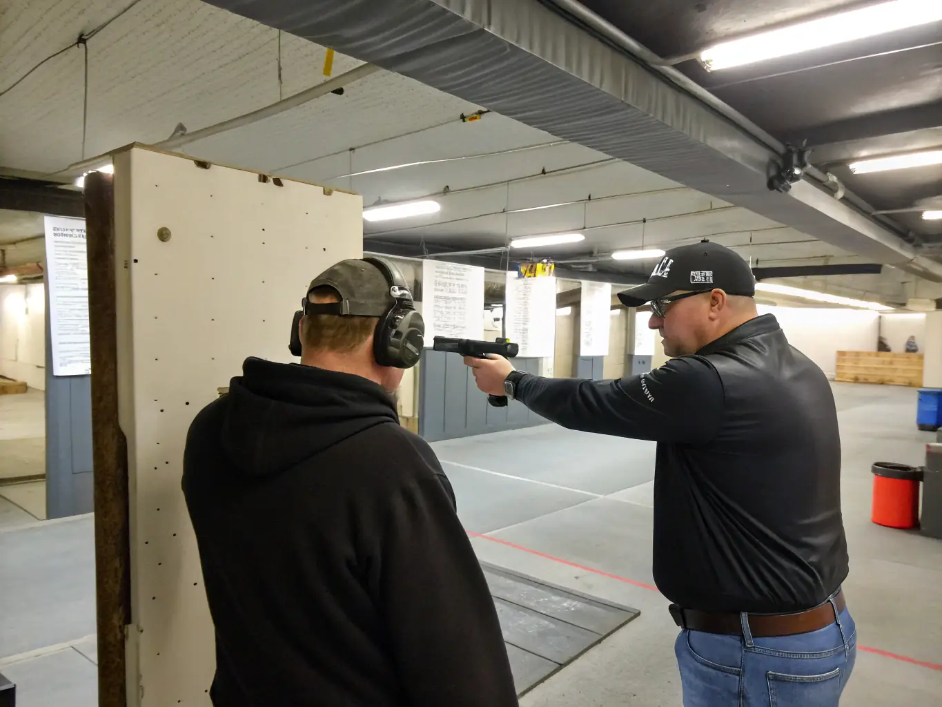 A civilian participant practicing firearm handling techniques under the guidance of a certified instructor at a shooting range. The image should convey safety and precision.